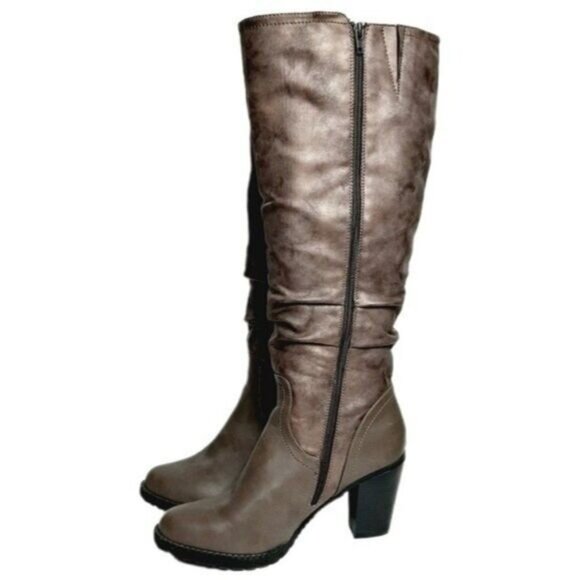 TENDER TOOTSIES Knee High Heel Ruched Distressed Finish Boots Taupe Gray Sz 11 - Picture 7 of 10